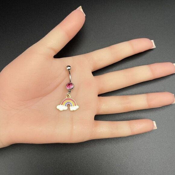 316L Stainless Steel with Pink Sapphire CZ and Rainbow Charm Dangle Belly Ring - Picture 7 of 7